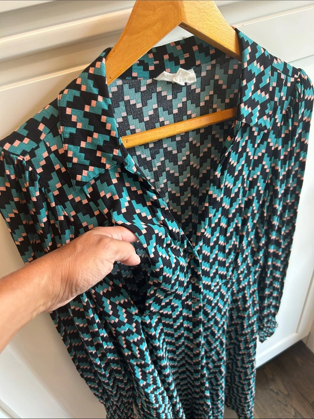 Seraphine Geometric Print Teal and Black Long Sleeve Nursing Post Natal‎ Dress 4